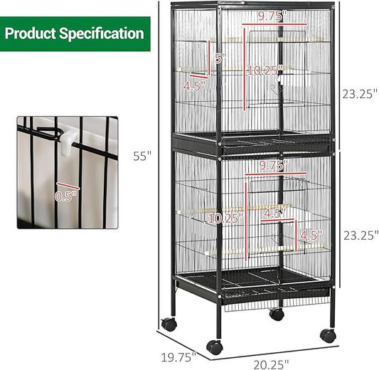 55 Inch Large Bird Flight Cage with Top Stand, 2 in 1 Wrought Iron Bird Carrier Parakeet Cage with Wheels for Parakeets, Canaries, Lovebirds, Small Quaker, Cockatiels, Budgie, Green Cheek