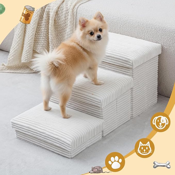 Dog Stairs for Small Dogs with Storage 18" h, 3-Tier Non-Slip Pet Stairs for Dogs Cats, Foldable White Dog Steps Ramp, Corduroy Fabric Pet Ramp for High Beds Couches