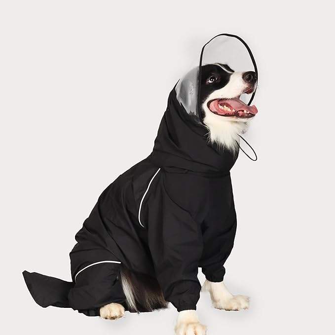 Dog Raincoat for Medium Large Dogs,rain Jacket Coat, Full Leg Coverage Waterproof Rain Suit with Detachable Hood & Tail, Reflective Strips, Snag-Free Top Zipper (Black for Boy, Large)