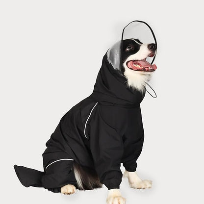 Dog Raincoat for Medium Large Dogs,rain Jacket Coat, Full Leg Coverage Waterproof Rain Suit with Detachable Hood & Tail, Reflective Strips, Snag-Free Top Zipper (Black for Boy, Large)