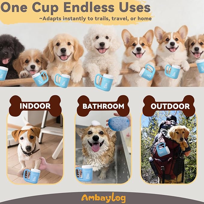 Medium Pet Paw Cleaner Cup - Easy Press Design Dog Foot Washer with Soft Massage Brush & Absorbent Towel - Reusable Durable Paw Cleaning Cup for Dogs Cats, Easy to Clean Handheld Bath Tool