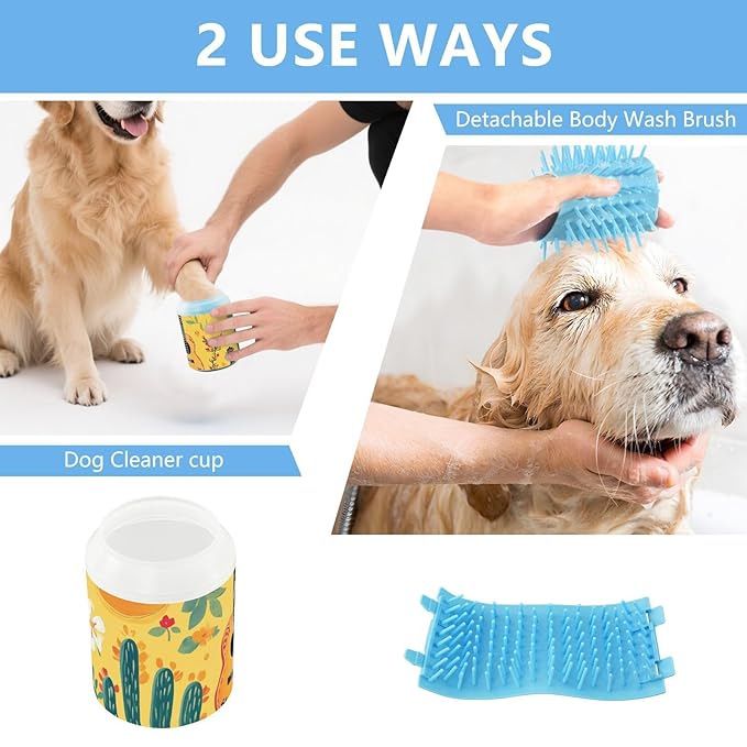 Dog Paw Cleaner Cups for Dogs Pet Foot Washer Paw Scrubber for Medium Small Dogs Cats Cleaning Cup Cute Yellow Fiesta Guitars Cacti and Ethnic Birds