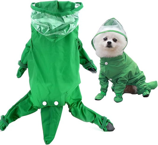 SMALLLEE_LUCKY_STORE Cute Raincoat for Small Dogs with Hood and Boots Detachable Tail Puppy Botton Down Rain Jacket Full Boby 4 Leg Jumpsuit Waterproof Lightweight Clothes,Green,XL