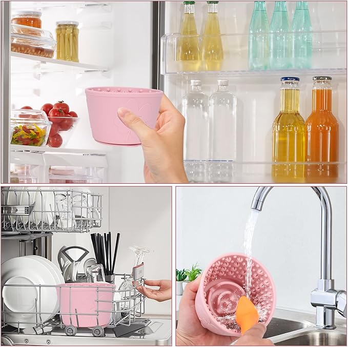 Silicone Lick Bowl for Dogs ，Freeze Bowl for Dogs with Suction Cups for Dog Anxiety Relief,Interactive Dog Puzzle Toy (Pink)