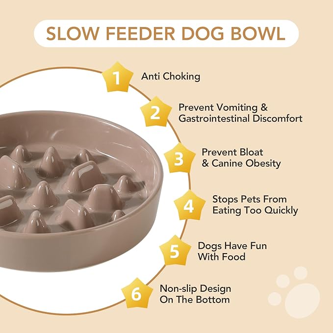 Ceramic 1.6 Cup Dog Bowl Slow Feeder, 8.2 inch Slow Pet Food Dish for Medium and Large Dog, Stop Bloat, Preventing Choking(Single Bowl, Brown Coffee)