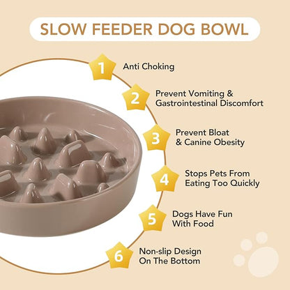 Ceramic 1.6 Cup Dog Bowl Slow Feeder, 8.2 inch Slow Pet Food Dish for Medium and Large Dog, Stop Bloat, Preventing Choking(Single Bowl, Brown Coffee)