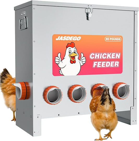 JASDEGO Metal Chicken Feeder No Waste 10 Ports Automatic Poultry Feeder Large Capacity 85 Pounds with Latch & Handle for Chickens Bantams Pheasants Poultry Coop Weatherproof