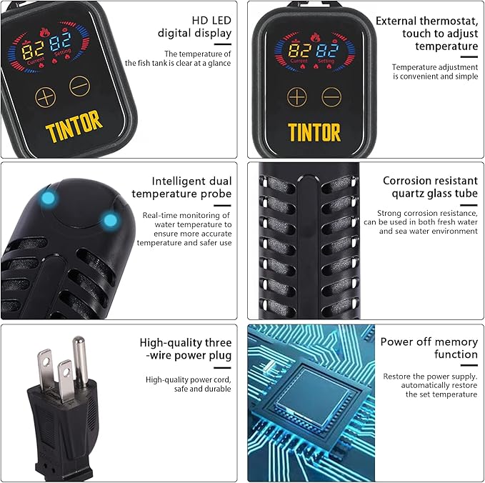 Submersible Aquarium Heater, 800W/1200W fish tank heater, double tube heating, rapid heating and energy saving, LED digital temperature controller, suitable for sea water and fresh water(1200W)