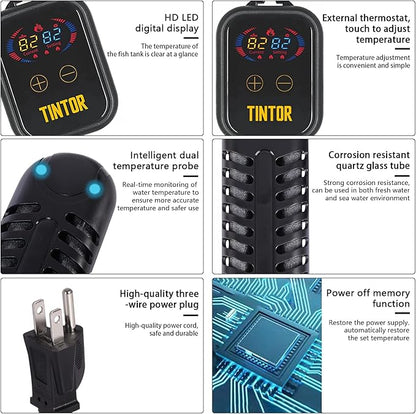 Submersible Aquarium Heater, 800W/1200W fish tank heater, double tube heating, rapid heating and energy saving, LED digital temperature controller, suitable for sea water and fresh water(1200W)