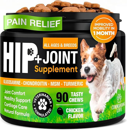 Glucosamine & Chondroitin for Dogs – Hip and Joint Supplement Chews with MSM, Vitamin C, Turmeric, Omega-3 for All Breeds – Pain & Mobility Support – 2-Month Supply – Chicken Flavor