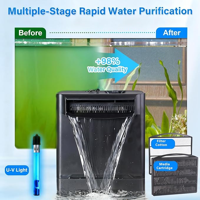 Turtle Tank Filter w/ U-V Light for Large 40-150 Gal Tank 4-Stage Flow Adjustable Low Water Level Internal Deodorization Green Clean Machine Killing Cloudy Saltwater Freshwater Aquarium Crystal Clear