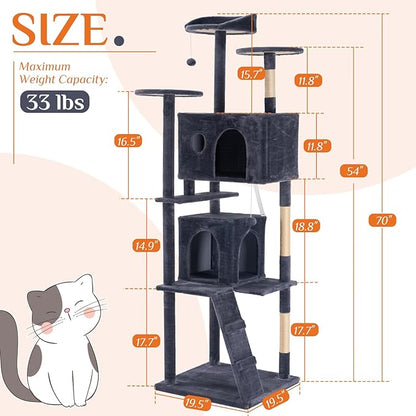 Sweetcrispy 70 Inch Cat Tree Tower, Multi-Level with Cat Scratching Post, Indoor Cat Condo with Climbing Ladder, Plush Toy, Play House for Cat, Dark Grey