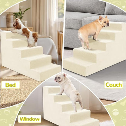 Niubya Dog Stairs for Small Dog and Cats,23”H Non-Slip Bottom Pet Steps for High Beds and Couch,High-Density Foam Pet Stairs White,5 Steps