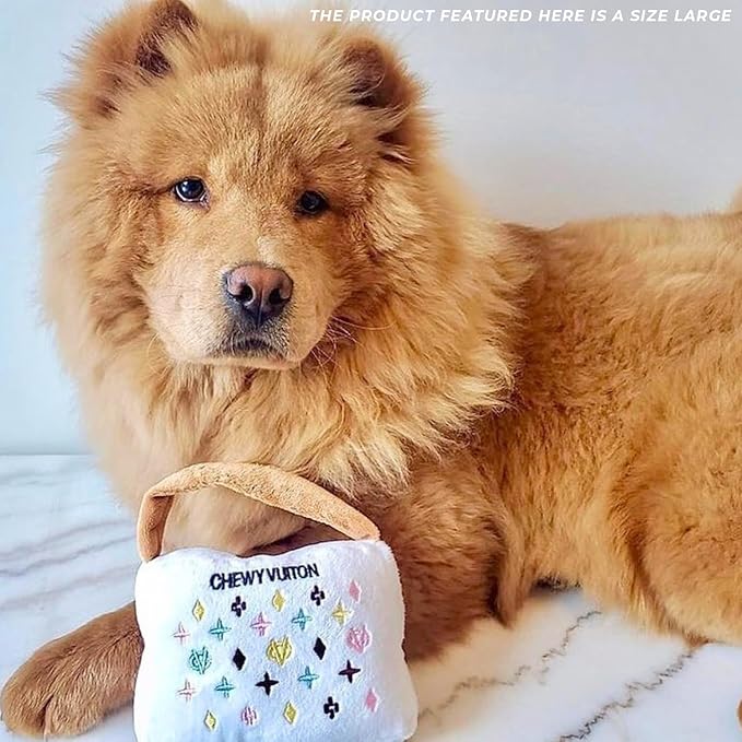 Haute Diggity Dog White Chewy Vuiton Handbag, Plush Designer Dog Toys with Interactive Squeaker, Stimulating Pet Enrichment, Machine-Washable & Safe Materials for All Breeds, Size Large
