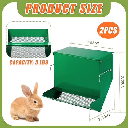 Maxcheck 2 Pcs Rabbit Feeder for Cages Small Animal Food Dispenser with Lid Metal Chicken Grit Oyster Shell Feeders Outside(7.7 Inches,Mesh Bottom,Green)