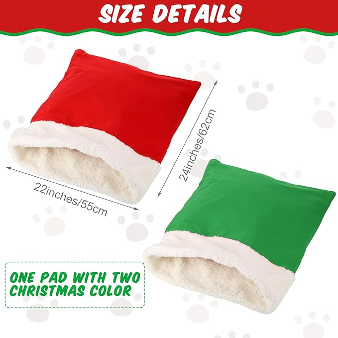 Self Heating Cat Sleeping Bag Self Warming Cat Cave Heated Pad Cozy Soft Winter Washable Wrap Red and Green Pet Sleeping Pouch Snuggle Sack for Puppy Dog Kitten, 24 x 21 Inch