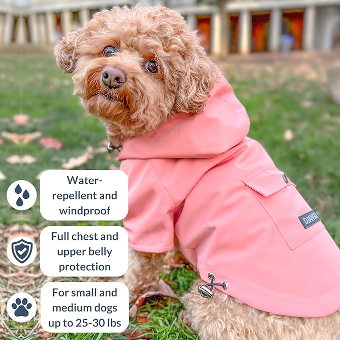 DJANGO Highland Dog Jacket & Raincoat – Water-Repellent, Lined Dog Coat with Hood, Adjustable Fit & Harness Hole – Lightweight Rain & Wind Jacket for Small & Medium Dogs up to 30 lbs (Pink, Large)