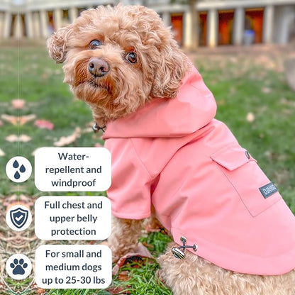 DJANGO Highland Dog Jacket & Raincoat – Water-Repellent, Lined Dog Coat with Hood, Adjustable Fit & Harness Hole – Lightweight Rain & Wind Jacket for Small & Medium Dogs up to 30 lbs (Pink, Large)
