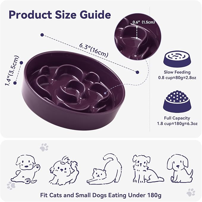 Ceramic Dog Slow Feeder Bowl - Small Dog Food Dish with Maze Puzzle Design - Slow Eating Puzzle Feeder for Pet Feed & Food Control - Whisker-Friendly Bowl for Cat Feeding - 6.3 Inch - 180 g - Purple