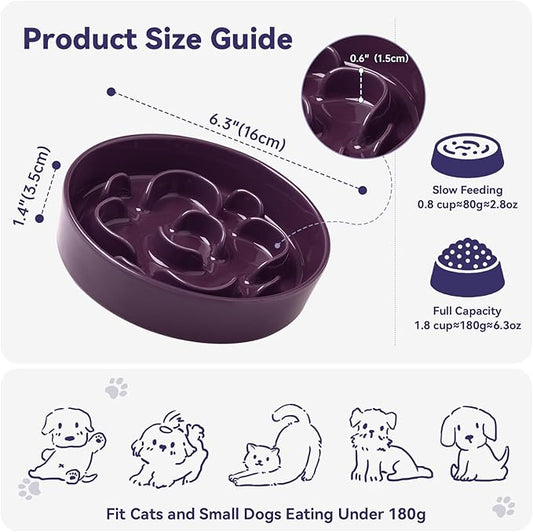 Ceramic Dog Slow Feeder Bowl - Small Dog Food Dish with Maze Puzzle Design - Slow Eating Puzzle Feeder for Pet Feed & Food Control - Whisker-Friendly Bowl for Cat Feeding - 6.3 Inch - 180 g - Purple