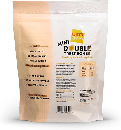 Ultra Chewy Mini Double Treat Bones: Long-Lasting Dog Treats Made in USA, Highly Digestible, Ideal for Aggressive Chewers 9oz (Peanut Butter and Chicken Flavor, 2 Packs)