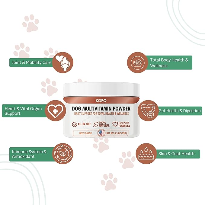 Kopo Dog Multivitamin Powder - All in One Organic Natural Vitamins for Dogs All Breed Sizes - Wellness, Heart, Skin & Coat, Gut Health, Digestion, Immune System, and Hip & Joint Supplement for Dogs