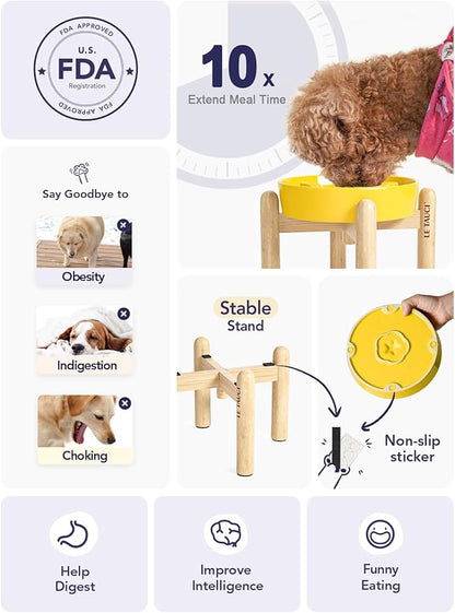 LE TAUCI Ceramic Slow Feeder Puzzle Bowl Elevated 1.5 Cup with Wooden Stand for Small & Medium Dog, Fast Eater Food Bowl, Star Yellow