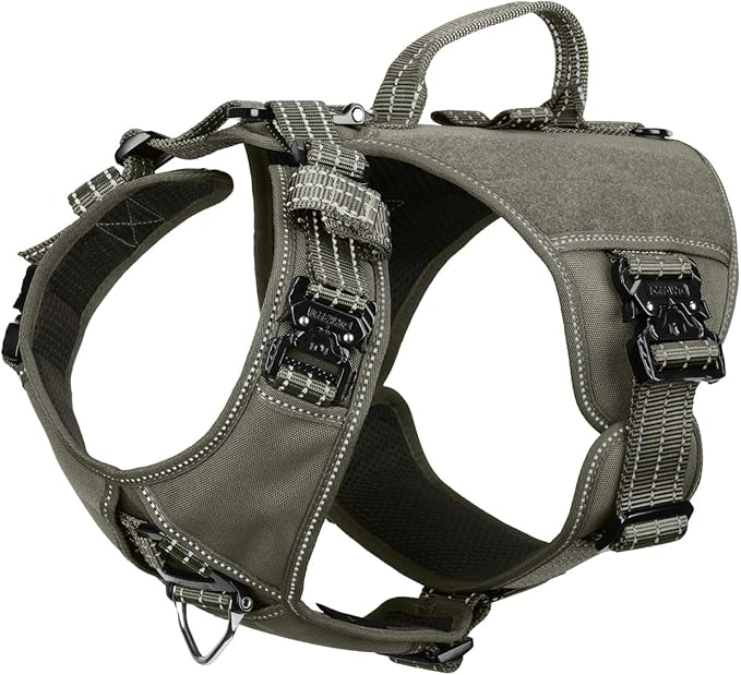 ICEFANG GN8 Tactical Dog Harness with 4X Metal Buckles for Medium Sized Dogs,Reflective in Training Walking K9 Dog Vest,No-Pull Front Leash Clip,Adjustable Pet Harness (Green, Medium (Pack of 1))