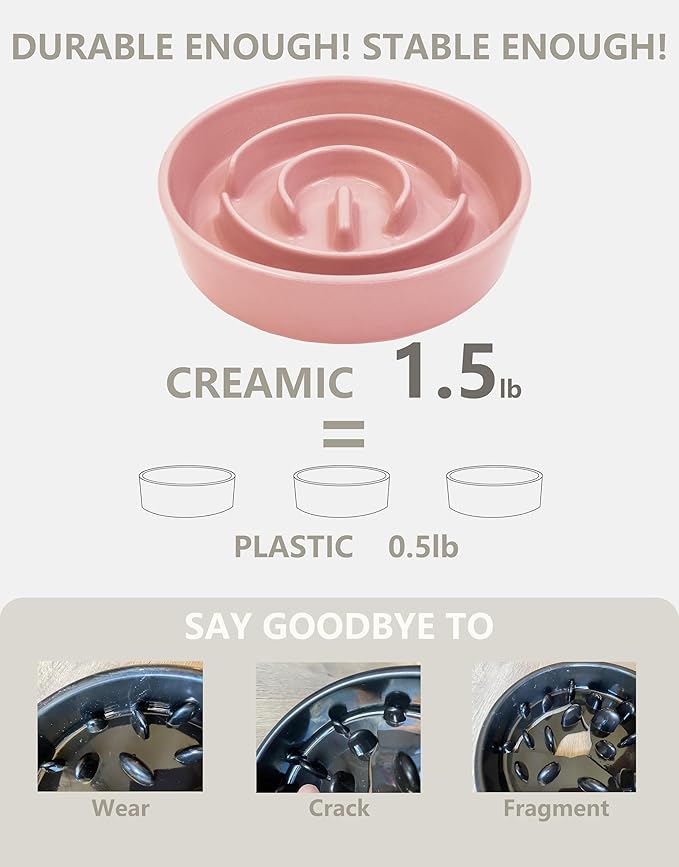 Ceramic Slow Feeder Dog Bowls, 0.6 Cup Slow Feeder for Small Dogs and Cats, Puzzle Maze Bowl, Prevents Choking, 6in, Pink