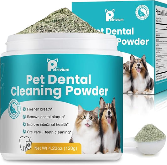 Dog Teeth Cleaning Powder, Dog Dental Powder for Teeth Cleaning and Dog Breath Fresh, Bad Breath Fresher & Tartar Remover with Enzyme, Probiotics. Plaque Off Pet Tooth Cleaning 120 Grams 60 Servings