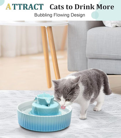 Ceramic Cat Water Fountain, Ceramic Pet Fountain, 2.1 L Drinking Fountains Bowl for Cats and Dogs with Replacement Filters and Foam(Sky Blue)