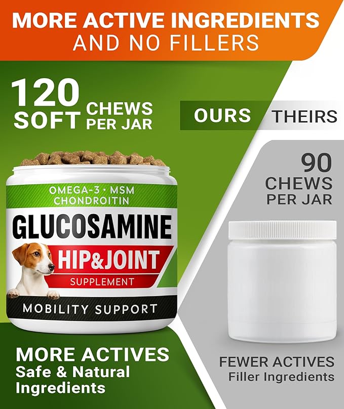 Glucosamine Treats for Dogs - Joint Supplement w/Omega-3 Fish Oil - Chondroitin, MSM - Advanced Mobility Chews - Joint Pain Relief - Hip & Joint Care - Hickory Bacon Flavor - 120 Ct - Made in USA