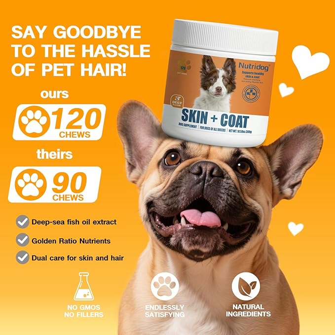 Skin & Coat Supplement for Dogs - Allergy Relief Chews with Omega 3, 9 & Vitamin E, Itchy Skin Treatment, Beef Flavor Soft Chews (120 Count) (Beef)