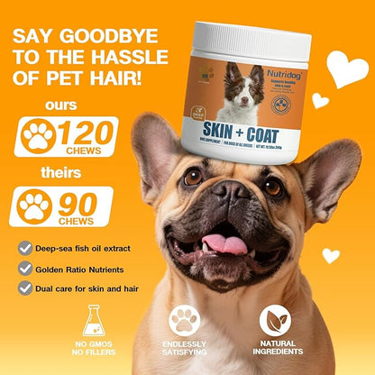 Skin & Coat Supplement for Dogs - Allergy Relief Chews with Omega 3, 9 & Vitamin E, Itchy Skin Treatment, Beef Flavor Soft Chews (120 Count) (Beef)