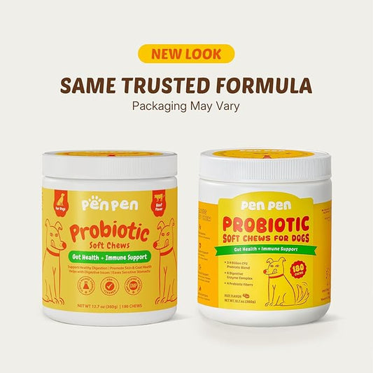 PENPEN Probiotics for Dogs, Dogs Probiotics for Digestive Health, Multi-Probiotic and Enzyme Blend Promote Gut Health & Immune Support, Eases Sensitive Stomachs - Beef Flavor, 180 Soft Chews