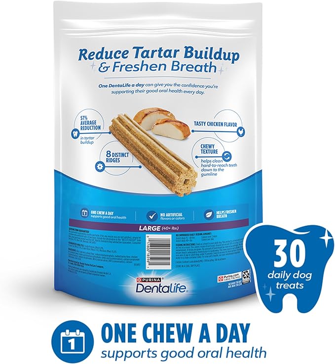 DentaLife Daily Oral Care Dog Treats for Large Dogs, Chewy Dental Treat to Freshen Breath and Fight Tartar, Chicken Flavor - 30 ct. Pouch
