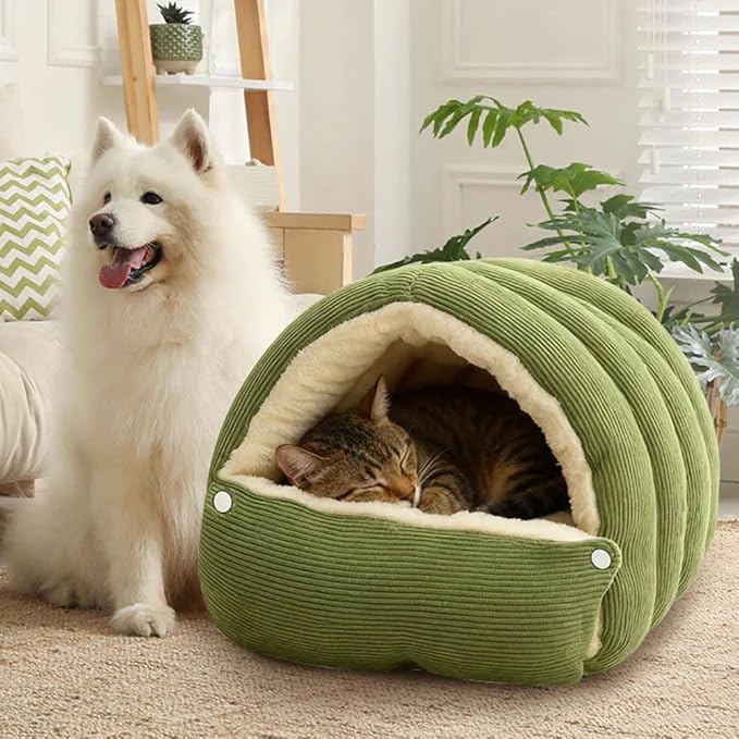 Winter Cave,Warmth Cozy Comfort Plush Pet Cave,Cute Cozy Safe Hideaway Cat Bed with Removable Cushion,Warm Soft Removable Washable for Cats and Dogs (Brown Plaid, M: 18.89 * 11.81 * 7.87 in)
