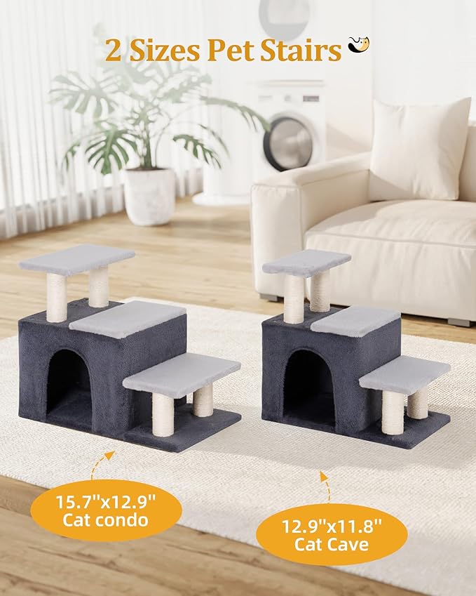 3-in-1 Pet Stairs for Cats, Dog Steps for Small Doggie,7.8'' Depth Cat Stairs,Indoor Cat Steps for High Bed for Pet's Joints, Soft Plush, 1 Big Cat Condo Cave, Sisal Scratching Posts, Grey, Large