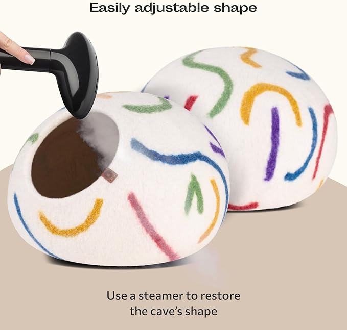 MEOWFIA Cat Cave – Premium Felt Cat Bed for Indoor Cats, Handmade 100% Merino Wool, Cat (Medium, Ivory Rainbow)