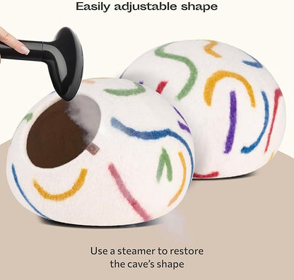 MEOWFIA Cat Cave – Premium Felt Cat Bed for Indoor Cats, Handmade 100% Merino Wool, Cat (Medium, Ivory Rainbow)