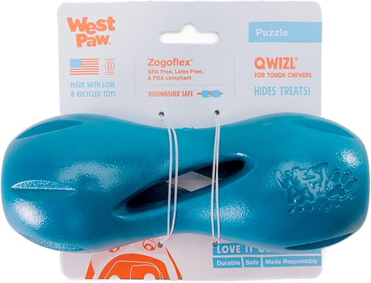 West Paw Qwizl Treat Dispensing Dog Toy for Tough Chewers- Durable Long Lasting Chew and Fetch Toy Keeps Dogs Engaged- Dishwasher Safe Safe Materials Made in USA - River Blue, Large