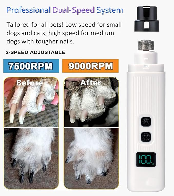 Upgrade Electric Pet Nail Grinder with LED Lights - 2-Speed Super Quiet and Low Vibration Rechargeable Cat Nail Trimmers,Professional Painless Pet Paws Grooming Tool, Small Medium Anxious Dogs & Cats