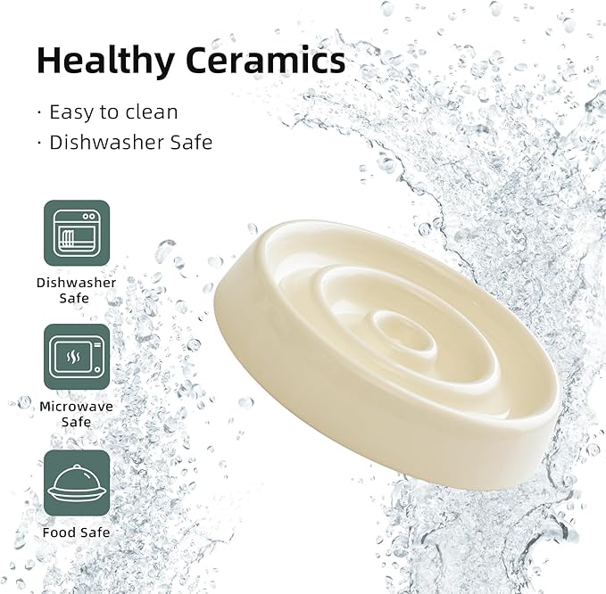 Ceramic Slow Feeder for Cats, Slow Food Bowl, Circle Shape (Bowl x 2 - Cream, 6inch)