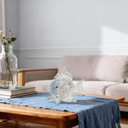 Large Hand Blown Glass Fish Figurines, Aquarium Sea Glass Art, Blue White Fish Statue Sculpture Modern Coastal Accent - for Beach Knick Knacks, Coffee Tables, Nautical Offices Centerpiece