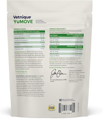 Yumove Hip & Joint Supplement for Dogs with Glucosamine, Hyaluronic Acid, Green Lipped Mussel & Omega 3 Joint Supplement - Regular or Advanced Strength (45 Count, Advanced Vet Strength Soft Chews)
