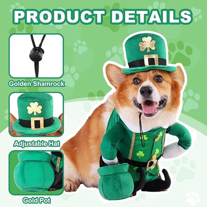 Leprechaun Dog Costume, 3 PCS St Patrick’s Day Puppy Outfit with Hat & Gold Pot, Irish Lucky Theme Celebration Green Holiday Clothes Dress Up for Dogs Cat Pet Small Medium Large