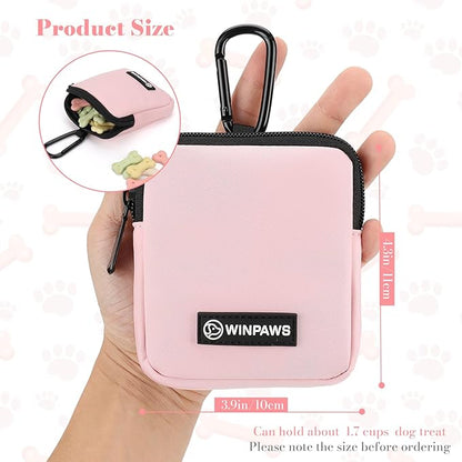 Dog Treat Pouch with Training Clicker,Waterproof Nylon Fabric Poop Bag Holders for Leashes,Hands Free Small Dog Walking Bag with Carabiner, Pet Puppy Training Walking Essentials (Pink)