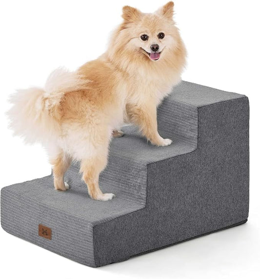 Dog Stairs for Small Dog Steps for Bed Ramps Stairs Extra Wide Steps for Bed Foam Stairs for Couch Sofa 35D Strong Support Pet Stairs Non-Slip Bottom Pet Steps to Get on Bed, Grey, 3 Steps