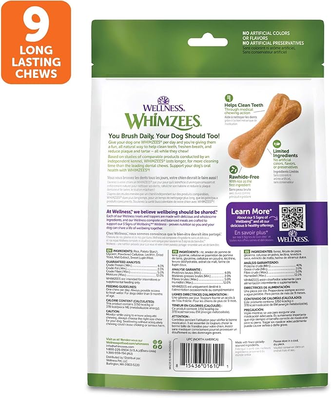 WHIMZEES Wellness Ricebone Dog Dental Treats, Natural Chews, Large Size, (9 Count)