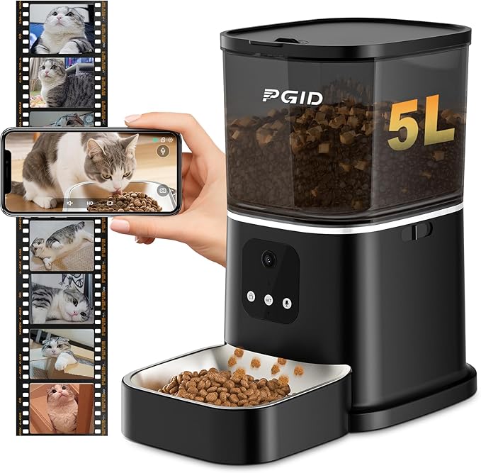 PGID Automatic Cat Feeder with 400W Camera,2.4G Auto Dog Feeder w Night Vision,Pet Feeder w2-Way Audio,Timed Cat Feeders for Dry Food,Dogs Food Dispenser w APP Control 5L